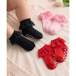 Cute Walk by Babyhug Knit Anti-Bacterial Ankle Length Socks with Frill Design Pack of 3 - Black Red & Pink