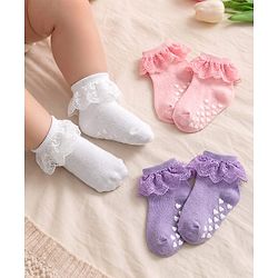 Cute Walk By Babyhug Knit Ankle Length Anti Bacterial Anti Skid Frill Socks Pack of 3 - Pink Purple & White