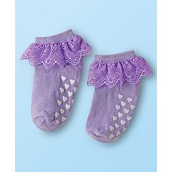 Cute Walk By Babyhug Knit Ankle Length Anti Bacterial Anti Skid Frill Socks Pack of 3 - Pink Purple & White