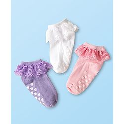 Cute Walk By Babyhug Knit Ankle Length Anti Bacterial Anti Skid Frill Socks Pack of 3 - Pink Purple & White