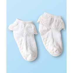 Cute Walk By Babyhug Knit Ankle Length Anti Bacterial Anti Skid Frill Socks Pack of 3 - Pink Purple & White