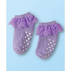 Cute Walk By Babyhug Knit Ankle Length Anti Bacterial Anti Skid Frill Socks Pack of 3 - Pink Purple & White