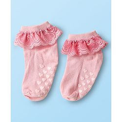Cute Walk By Babyhug Knit Ankle Length Anti Bacterial Anti Skid Frill Socks Pack of 3 - Pink Purple & White