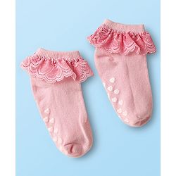 Cute Walk By Babyhug Knit Ankle Length Anti Bacterial Anti Skid Frill Socks Pack of 3 - Pink Purple & White