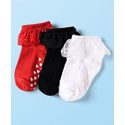 Cute Walk by Babyhug Knit Ankle Length Anti Skid Anti Bacterial Socks with Frill Detailing Pack of 3 - Red Black & White