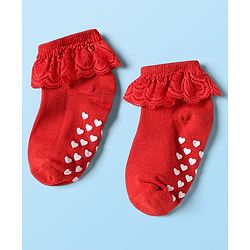 Cute Walk by Babyhug Knit Ankle Length Anti Skid Anti Bacterial Socks with Frill Detailing Pack of 3 - Red Black & White