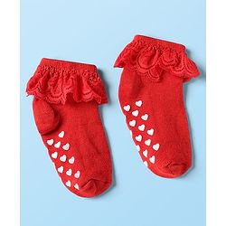 Cute Walk by Babyhug Knit Ankle Length Anti Skid Anti Bacterial Socks with Frill Detailing Pack of 3 - Red Black & White