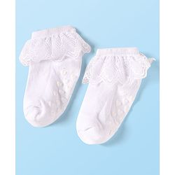 Cute Walk by Babyhug Knit Ankle Length Anti Skid Anti Bacterial Socks with Frill Detailing Pack of 3 - Red Black & White
