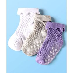 Cute Walk by Babyhug Knit Ankle Length Anti Skid Anti Bacterial Socks with Cable Knit Design Pack of 3 - Purple Grey & White