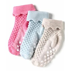 Cute Walk by Babyhug Knit Ankle Length Anti Skid Anti Bacterial Socks with Cable Knit Design Pack of 3 - Pink Light Blue & Grey