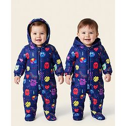 Babyhug Knit Full Sleeves Hooded & Footed Quilted Romper With Fleece Inner Lining & Heart Print - Navy Blue