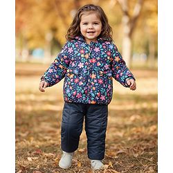 Babyhug Full Sleeves Knit Winter Wear Hooded Jacket & Joggers Set with Floral Print - Navy Blue