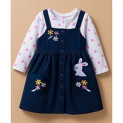 Babyhug Cotton Woven Frock & Full Sleeves Inner Tee With Floral Print & Bunny Embroidery - Blue & White