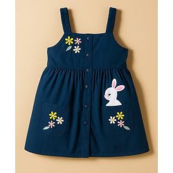 Babyhug Cotton Woven Frock & Full Sleeves Inner Tee With Floral Print & Bunny Embroidery - Blue & White