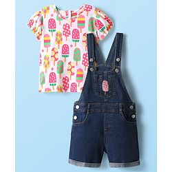 Babyhug Single Jersey Knit Half Sleeves T-Shirt with Dungaree & Ice -Cream Print - Pink & Navy Blue