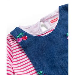 Babyhug Cotton Woven Frock with Full Sleeves Striped Tee & Cherry Embroidery - Navy Blue