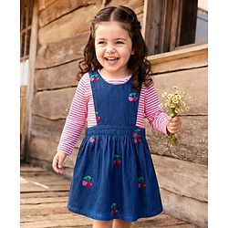 Babyhug Cotton Woven Frock with Full Sleeves Striped Tee & Cherry Embroidery - Navy Blue