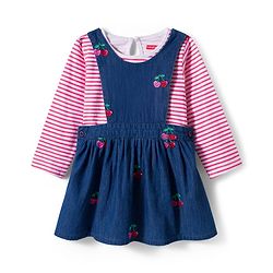 Babyhug Cotton Woven Frock with Full Sleeves Striped Tee & Cherry Embroidery - Navy Blue