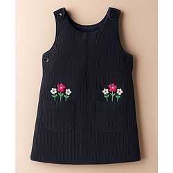 Babyhug Cotton Woven Frock & Full Sleeves Inner Tee With Floral Print & Embroidery - Navy Blue & White