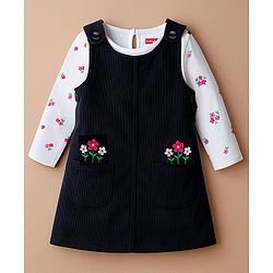 Babyhug Cotton Woven Frock & Full Sleeves Inner Tee With Floral Print & Embroidery - Navy Blue & White