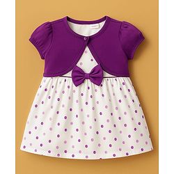 Babyhug Cotton Woven Frock With Half Sleeves  Shrug & Polka Dot & Bow Applique - White