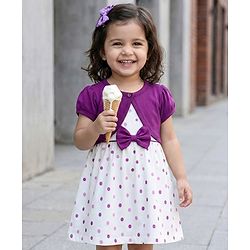 Babyhug Cotton Woven Frock With Half Sleeves  Shrug & Polka Dot & Bow Applique - White