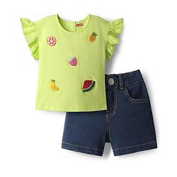 Babyhug Single Jersey Knit Frill Sleeves T-Shirt & Shorts Set With Fruits Embriodery - Light Green & Navy Blue