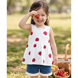 Babyhug Cotton Woven Sleeveless Top & Denim Shorts Set with Strawberry Print - White & Blue