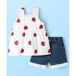 Babyhug Cotton Woven Sleeveless Top & Denim Shorts Set with Strawberry Print - White & Blue