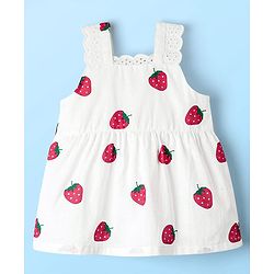 Babyhug Cotton Woven Sleeveless Top & Denim Shorts Set with Strawberry Print - White & Blue