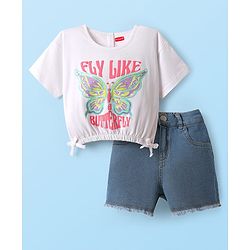 Babyhug Single Jersey Knit Half Sleeves Top & Shorts Set With Text Print - White & Navy Blue