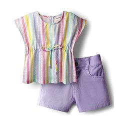 Babyhug Cotton Woven  Sleeveless Striped Top & Short Set - Multi Colour