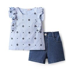 Babyhug Single Jersey Knit Frill Sleeves Top & Shorts Set With Floral Embriodery - Blue