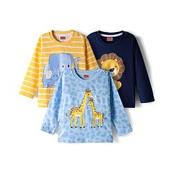 Babyhug 100% Cotton Knit Full Sleeves T-Shirt with Animal Graphic Pack of 3 - Navy Blue Yellow & Light Blue