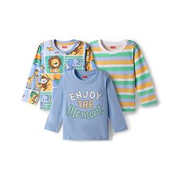 Babyhug 100% Cotton Knit Full Sleeves T-Shirts with Animal Print & Stripes Pack of 3 - Light Blue & Light Green