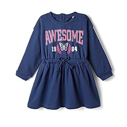 Babyhug Cotton Woven Full Sleeves Text Printed Winter Frock - Navy Blue
