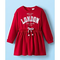 Babyhug Cotton Woven Full Sleeves Winter Frock with London Print & Cinched Waist - Red