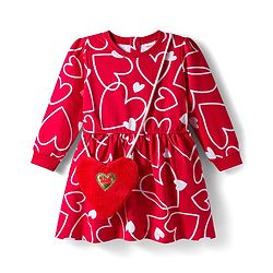 Babyhug Cotton Knit Full Sleeves Frock & Legging With Heart Shaped Sling Bag & Heart Print - Red & White