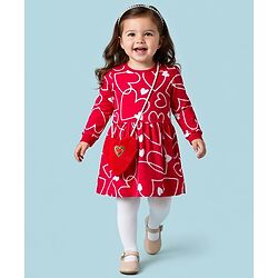 Babyhug Cotton Knit Full Sleeves Frock & Legging With Heart Shaped Sling Bag & Heart Print - Red & White