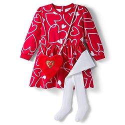 Babyhug Cotton Knit Full Sleeves Frock & Legging With Heart Shaped Sling Bag & Heart Print - Red & White