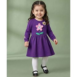 Babyhug Cotton Knit Full Sleeves Frock With Legging & Floral Applique - Purple