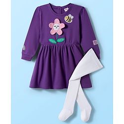 Babyhug Cotton Knit Full Sleeves Frock With Legging & Floral Applique - Purple