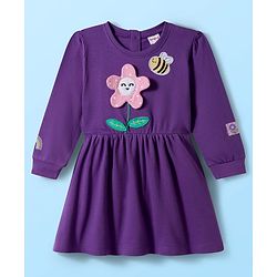 Babyhug Cotton Knit Full Sleeves Frock With Legging & Floral Applique - Purple