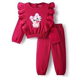 Babyhug Interlock Knit Full Sleeves Top & Trouser Set With Animal Patch - Maroon