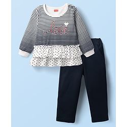 Babyhug Interlock Knit Full Sleeves Striped Top & Trouser Set with Polka Dots Print - Navy Blue & White