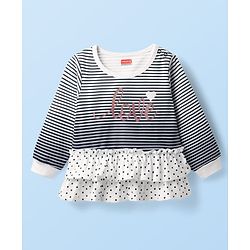 Babyhug Interlock Knit Full Sleeves Striped Top & Trouser Set with Polka Dots Print - Navy Blue & White