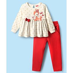 Babyhug Interlock Knit Full Sleeves Top & Lounge Pant Set With Animal Patch & Heart Print - White & Red