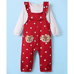 Babyhug Interlock Knit Full Sleeves T-Shirt & Dungaree With Polka Dots & Reindeer Print - White & Red