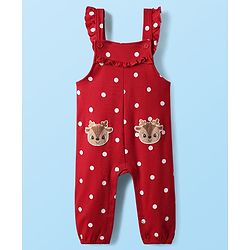 Babyhug Interlock Knit Full Sleeves T-Shirt & Dungaree With Polka Dots & Reindeer Print - White & Red