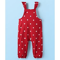 Babyhug Interlock Knit Full Sleeves T-Shirt & Dungaree With Polka Dots & Reindeer Print - White & Red
